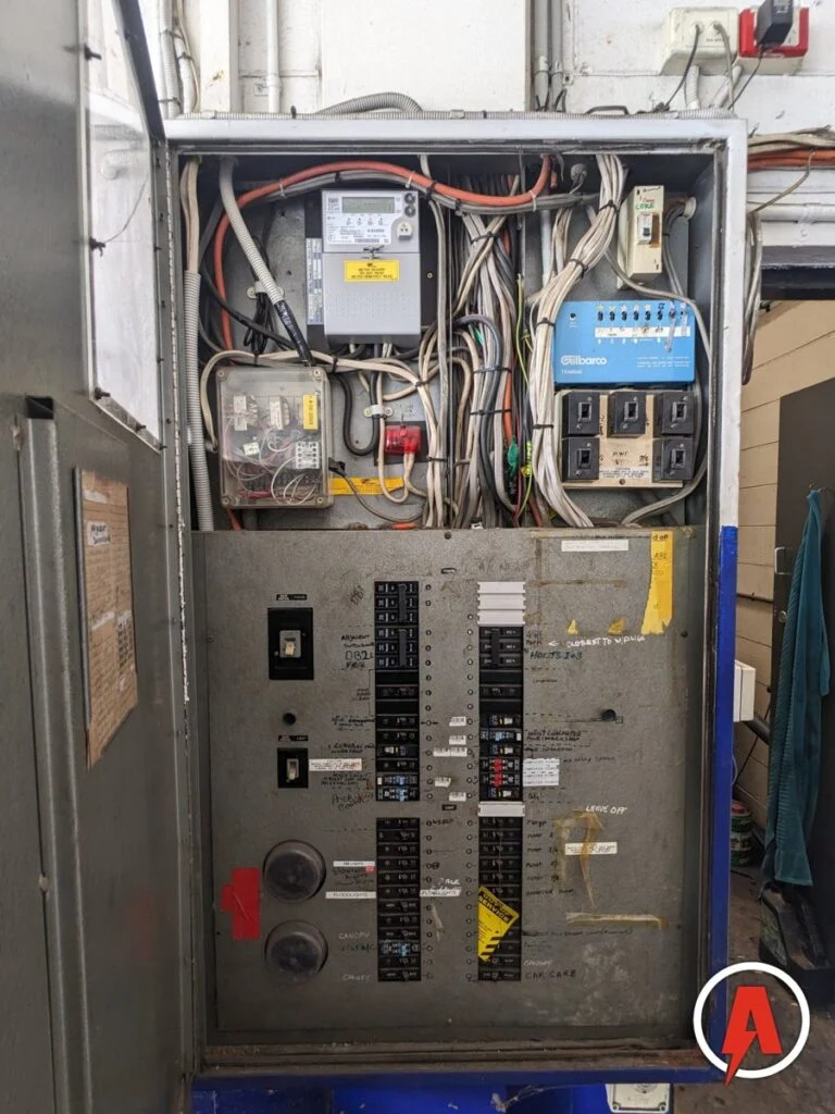 Old commercial switchboard with mixed breakers before an upgrade