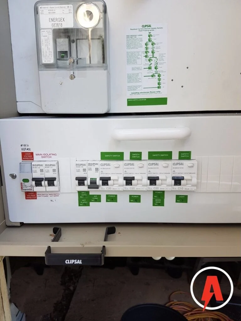 Upgraded Clipsal switchboard with labelled safety switches and circuit breakers