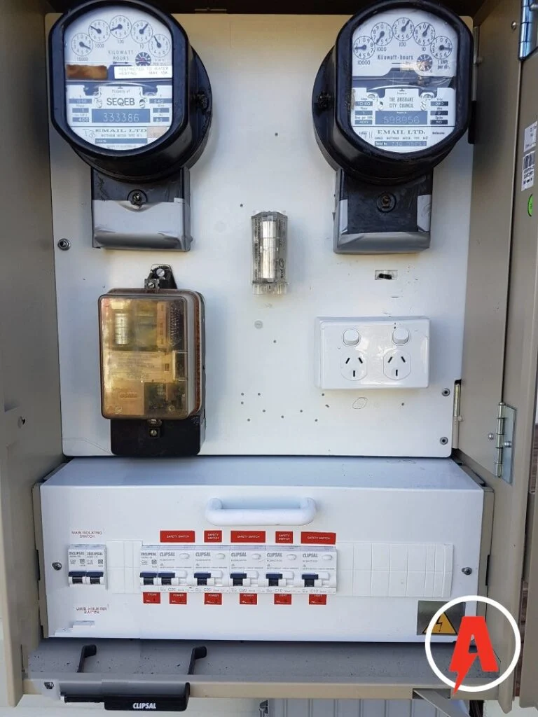 Older meter box with a new switchboard fitted with safety switches